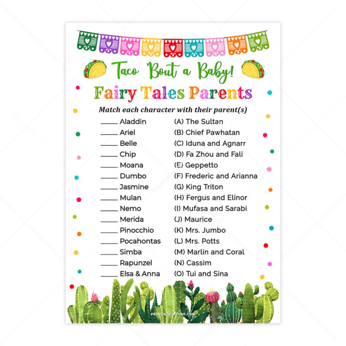 Taco Baby Shower Fairy Tales Parents Match Game