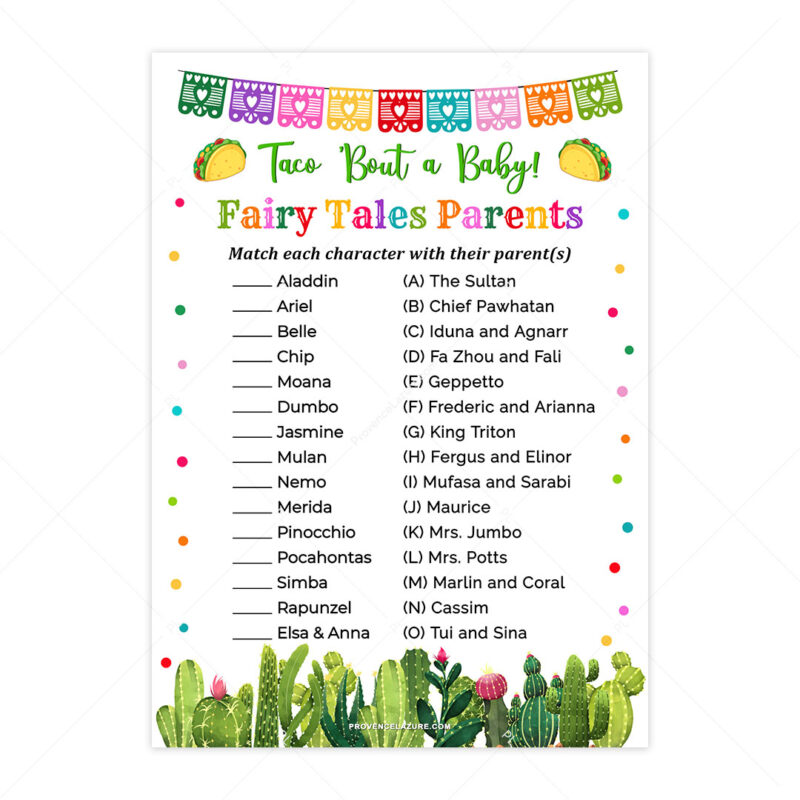 Taco Baby Shower Fairy Tales Parents Match Game