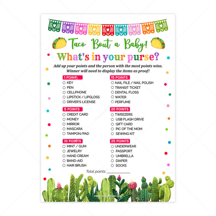 Taco Baby Shower Whats in Your Purse Game - Printable Taco Bout Baby Shower Game