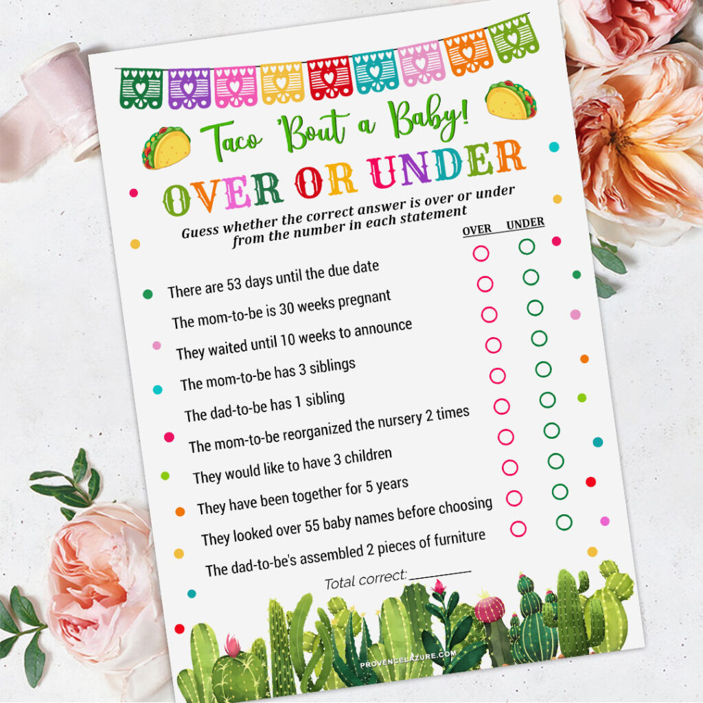 Taco Baby Shower Over Or Under Game - Printable Taco Bout Baby Shower ...