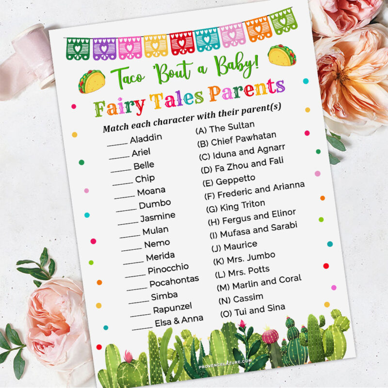 Taco Baby Shower Fairy Tales Parents Match Game