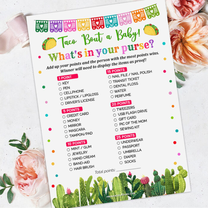 Taco Baby Shower Whats in Your Purse Game - Printable Taco Bout Baby Shower Game