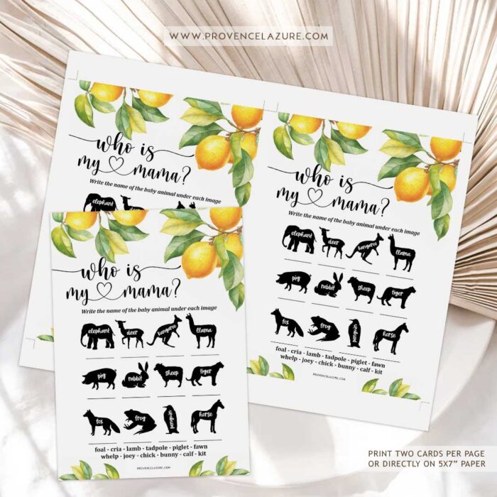 Baby Animals Lemon Baby Shower Game - Printable Citrus Baby Shower Game