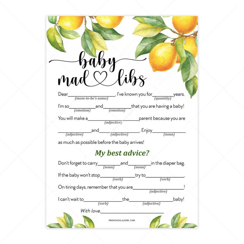 Baby Mad Libs Lemon Baby Shower Game