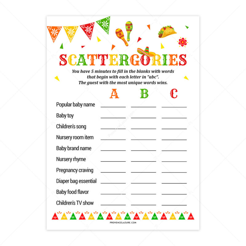 Scattergorries Mexican Baby Shower Game