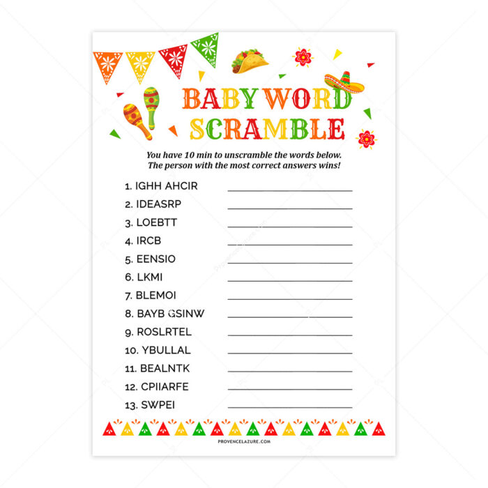 Word Scramble Mexican Baby Shower Game - Printable Fiesta Baby Shower Game