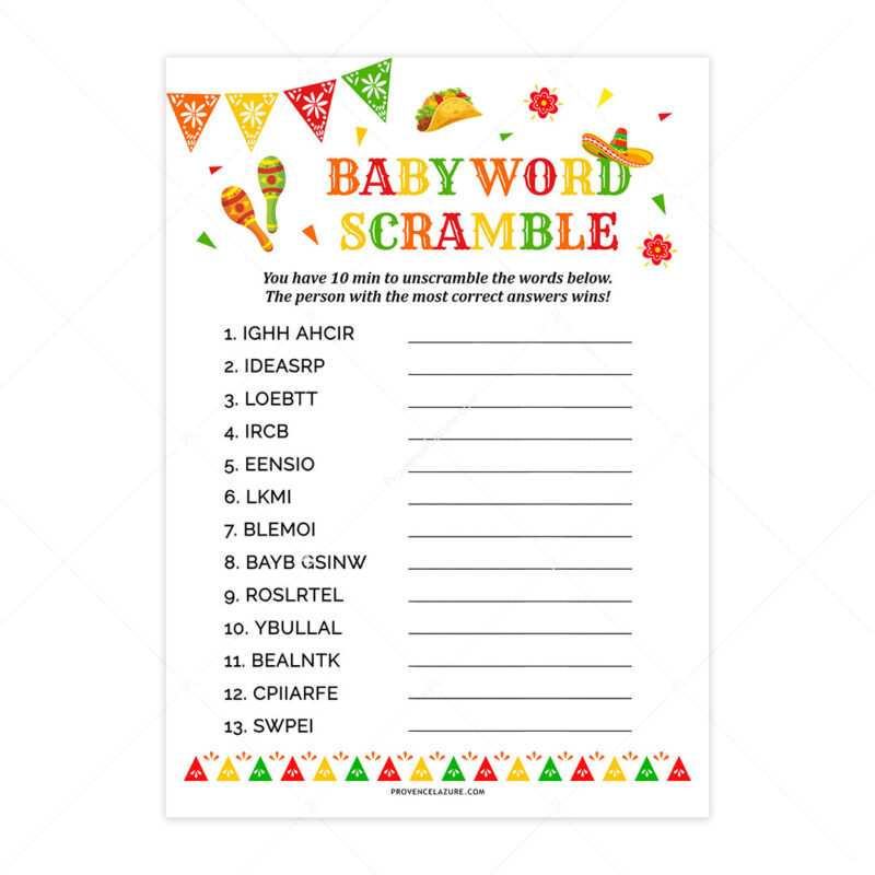 Word Scramble Game Mexican Baby Shower