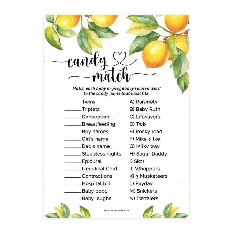 Candy Match Lemon Baby Shower Game