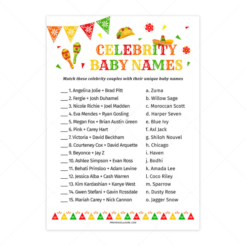 Celebrity Baby Names Mexican Baby Shower Game
