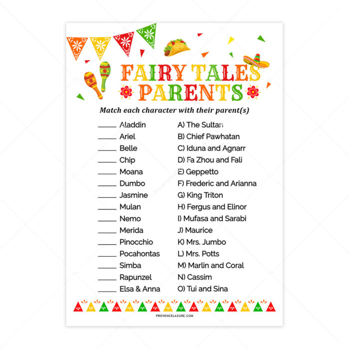 Fairy Tales Parents Match Mexican Baby Shower Game - Printable Fiesta Baby Shower Game