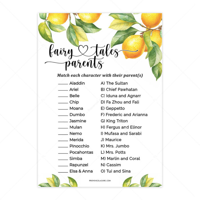 Fairy Tales Parents Match Lemon Baby Shower Game- Printable Citrus Baby Shower Game