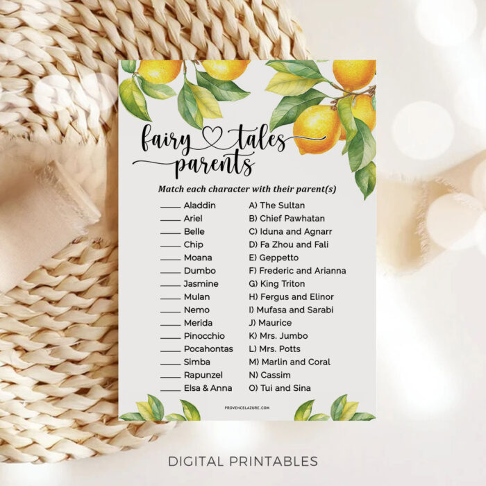 Fairy Tales Parents Match Game Lemon Baby Shower