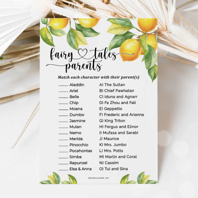 Fairy Tales Parents Match Game Lemon Baby Shower