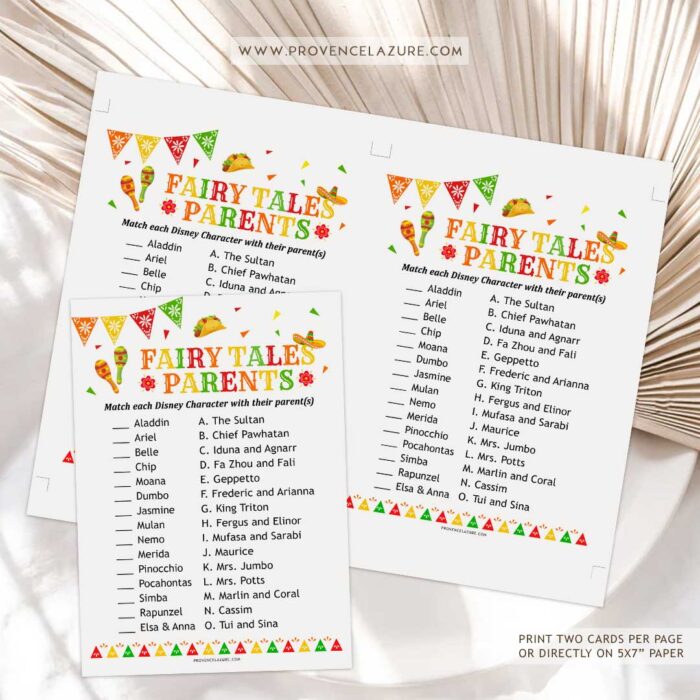 Fairy Tales Parents Match Mexican Baby Shower Game - Printable Fiesta Baby Shower Game