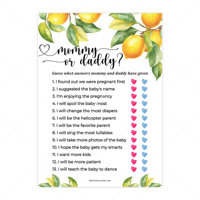 Mommy or Daddy Lemon Baby Shower Game