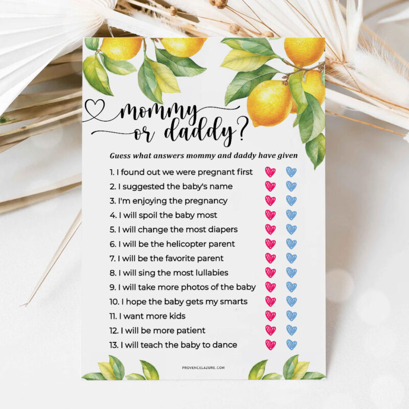 Mommy or Daddy Lemon Baby Shower Game