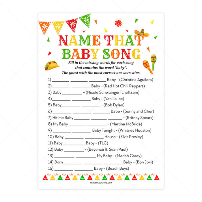 Name Baby Song Mexican Baby Shower Game - Printable Fiesta Baby Shower Game