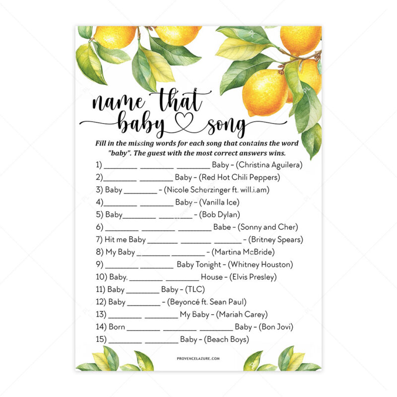 Name That Baby Song Lemon Baby Shower Game