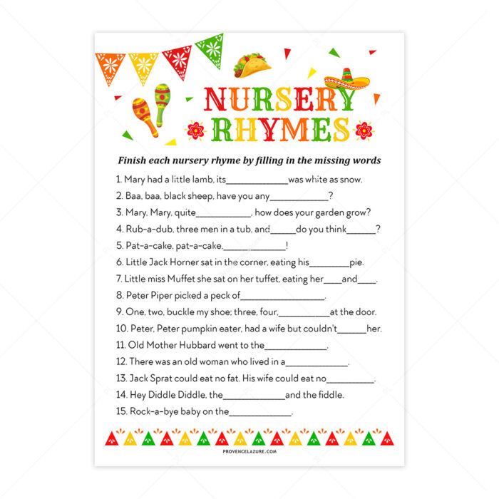 Nursery Rhymes Mexican Baby Shower Game - Printable Fiesta Baby Shower Game