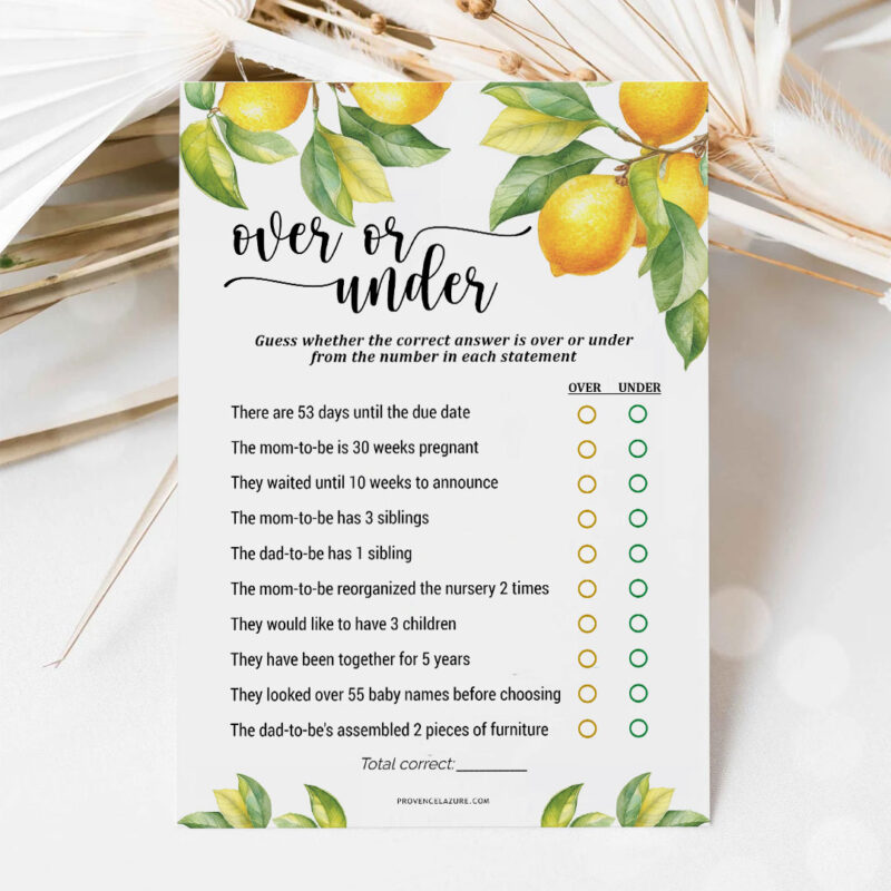 Over Or Under Lemon Baby Shower Game