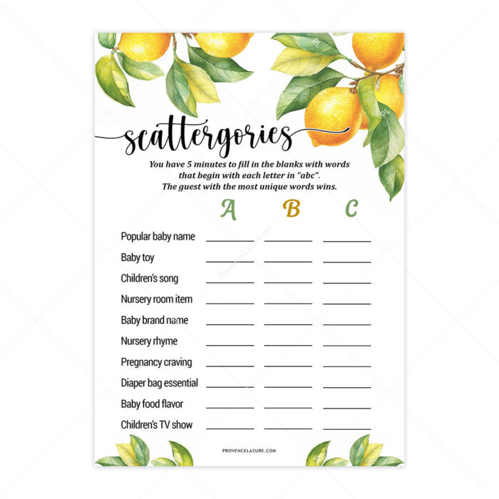 Scattergories Lemon Baby Shower Game