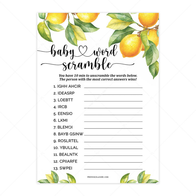 Word Scramble Lemon Baby Shower Game
