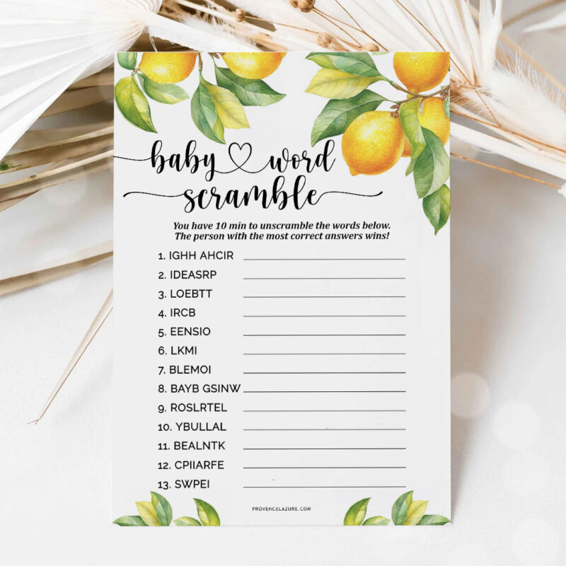 Word Scramble Lemon Baby Shower Game