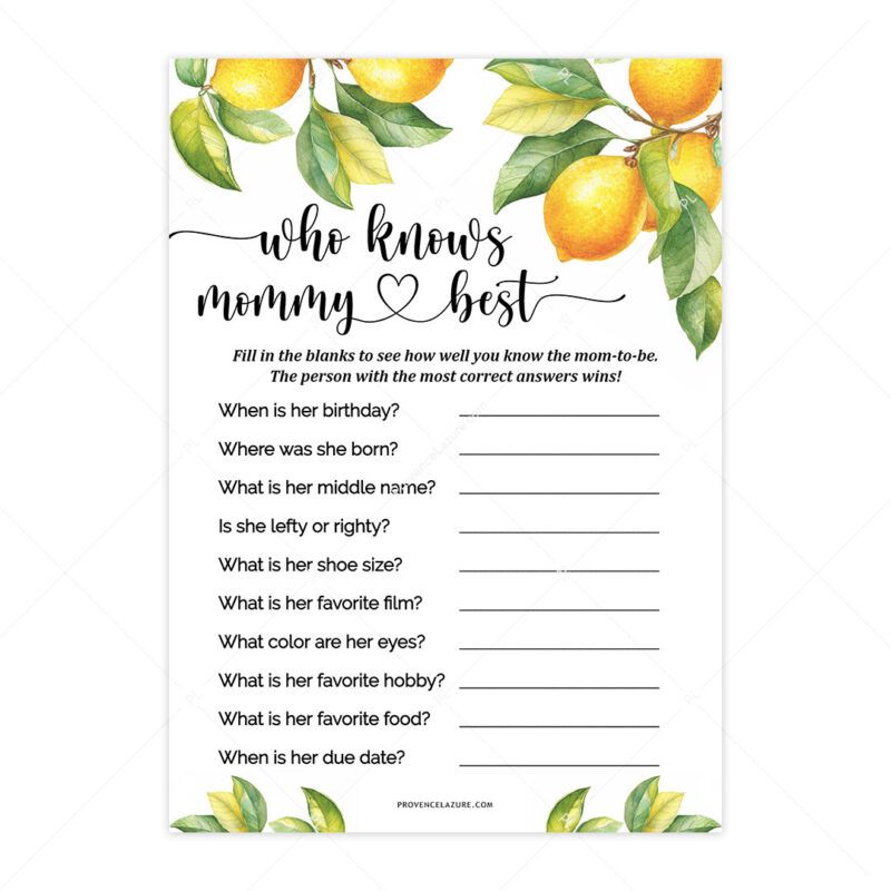 Who Knows Mommy Best Lemon Baby Shower Game