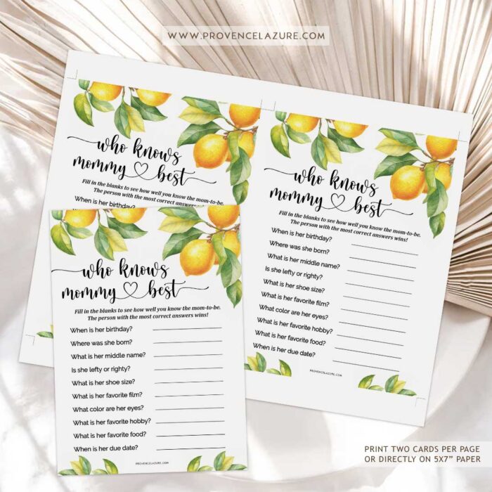 Who Knows Mommy Best Lemon Baby Shower Game - Printable Citrus Baby Shower Game