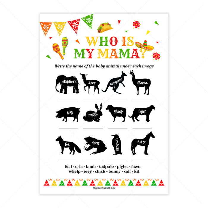 Baby Animals Mexican Baby Shower Game - Printable Fiesta Baby Shower Game