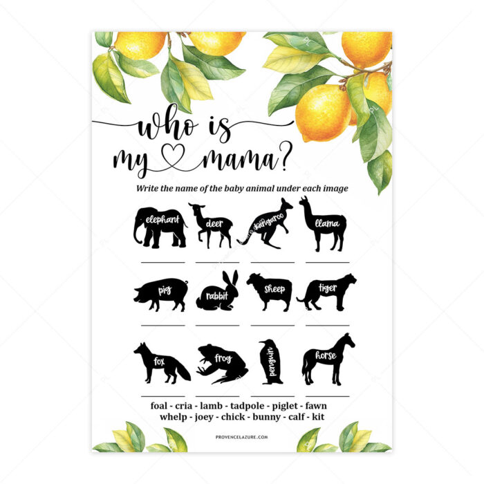 Baby Animals Lemon Baby Shower Game - Printable Citrus Baby Shower Game