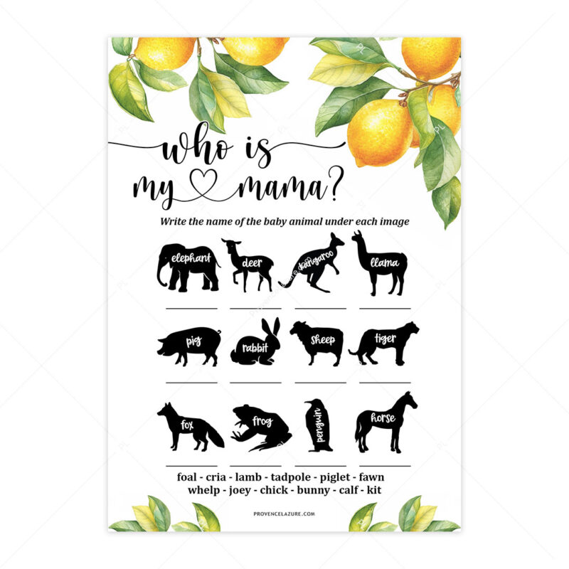 Baby Animals Game Who is my Mama Lemon Baby Shower Game