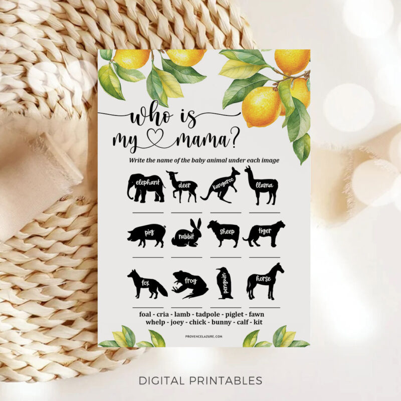 Baby Animals Game Who is my Mama Lemon Baby Shower Game