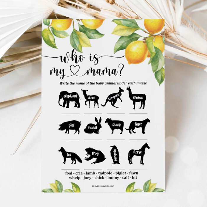 Baby Animals Game Who is my Mama Lemon Baby Shower Game