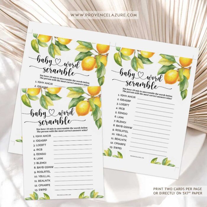 Word Scramble Lemon Baby Shower Game - Printable Citrus Baby Shower Game