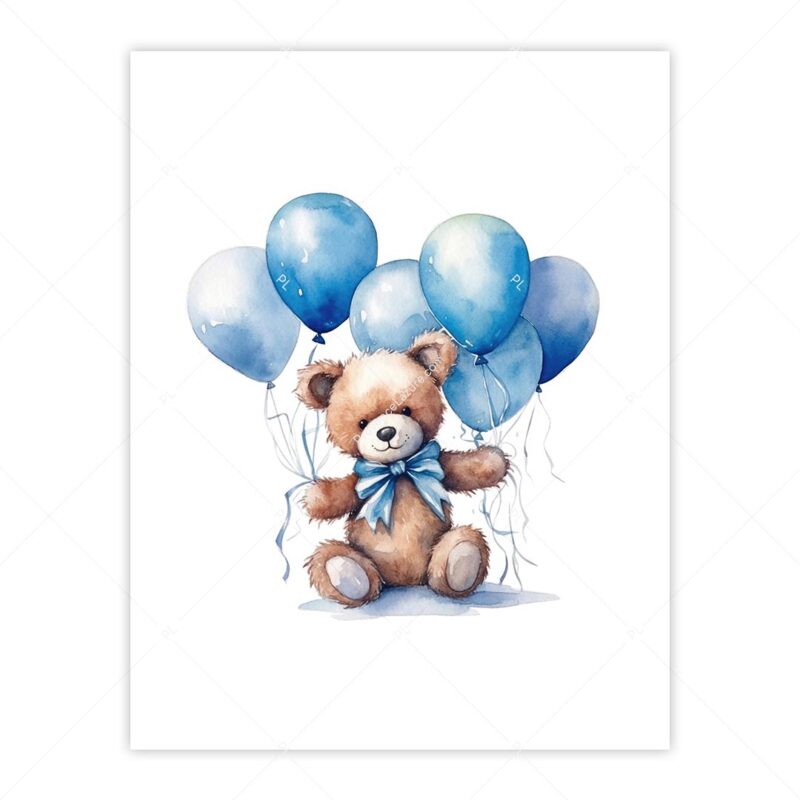 Blue Teddy Bear with Balloons Nursery Wall Art Printable Poster