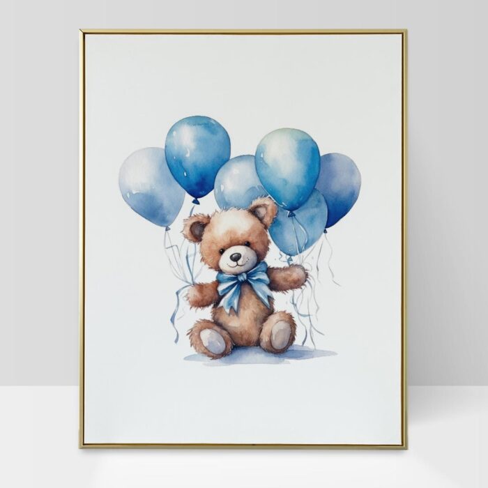 Blue Teddy Bear with Balloons Nursery Wall Art Printable Poster