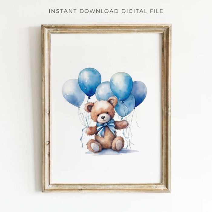 Blue Teddy Bear with Balloons Nursery Wall Art Printable Poster