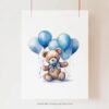 Blue Teddy Bear with Balloons Nursery Wall Art Printable Poster