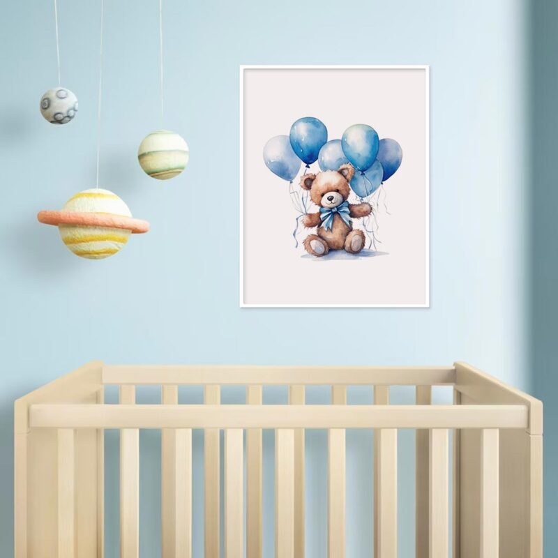 Blue Teddy Bear with Balloons Nursery Wall Art Printable Poster