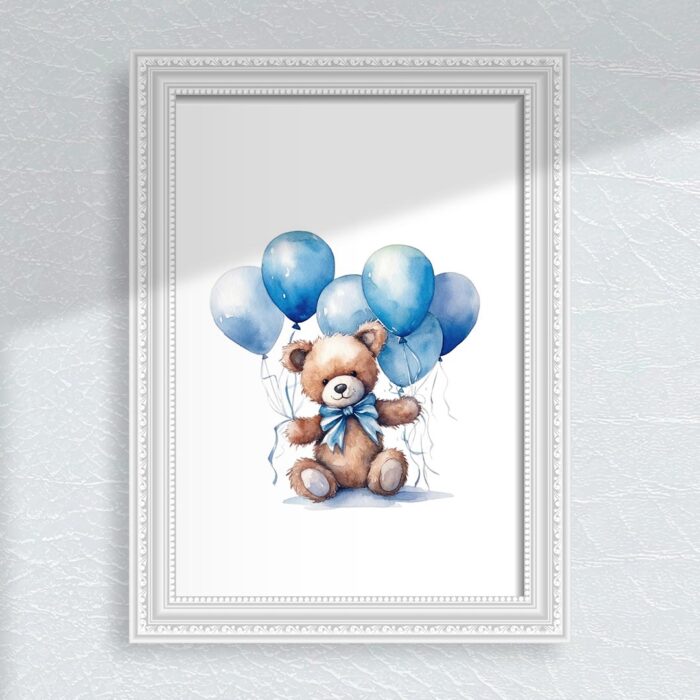 Blue Teddy Bear with Balloons Nursery Wall Art Printable Poster