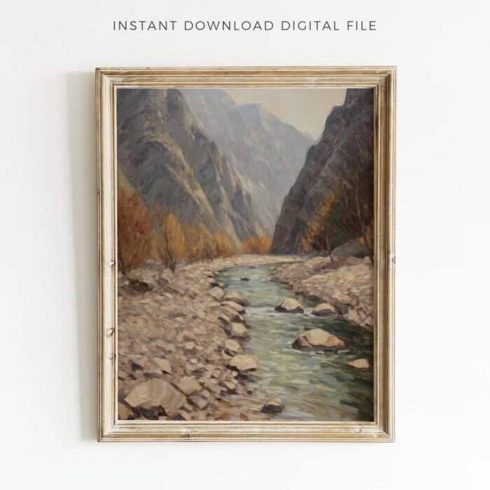 Vintage Oil Painting Mountains Wall Art Rustic Landscape Printable Poster