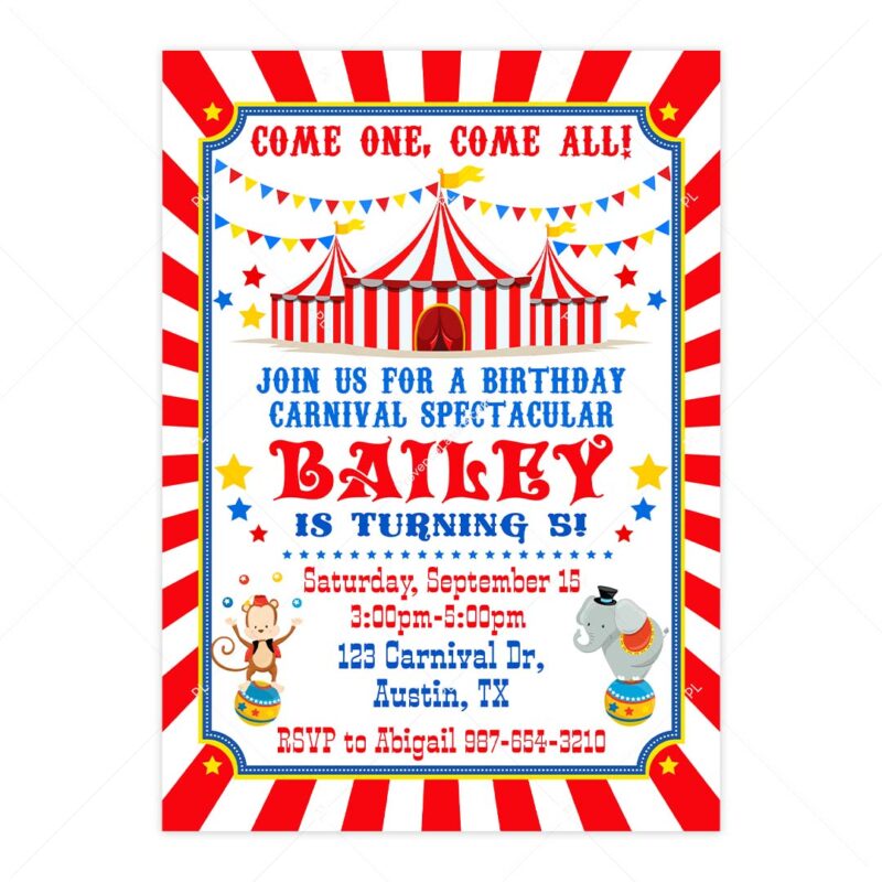 Circus invitation for Carnival Birthday Party