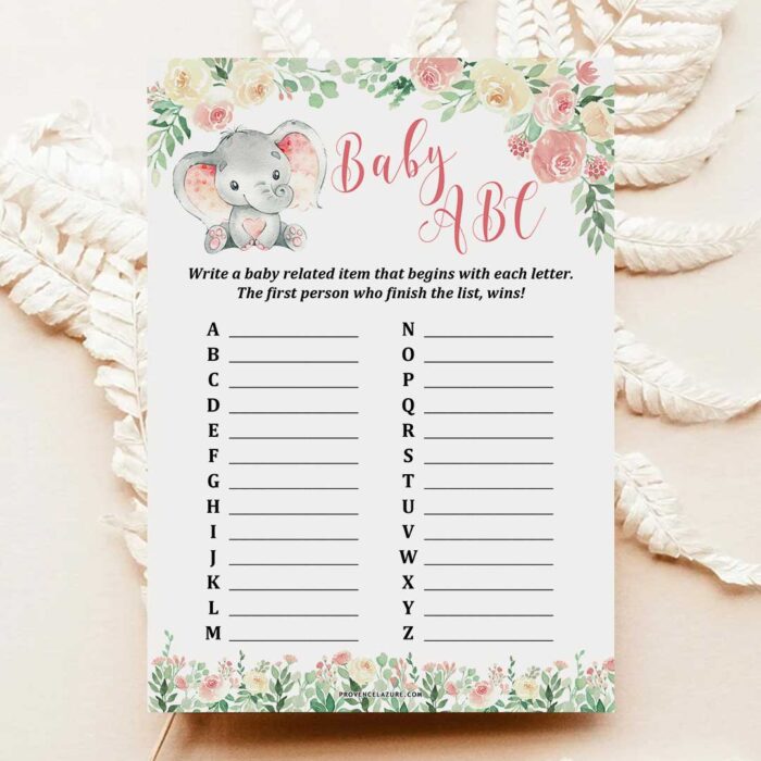 Girl Elephant Baby Shower Game Baby ABC Printable & Free bonus