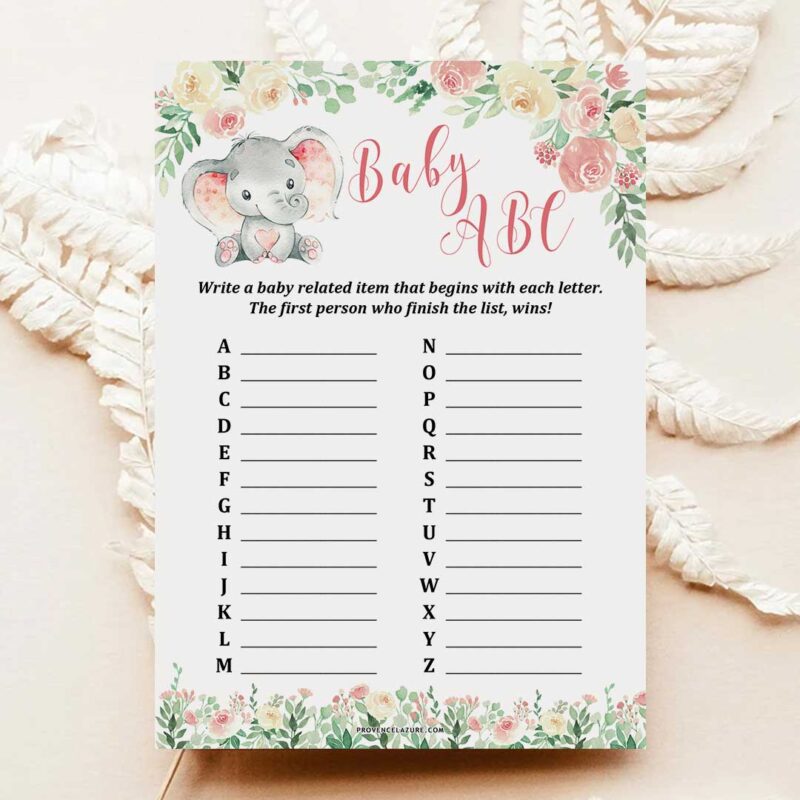 Girl Elephant Baby Shower Game Baby ABC Printable & Free bonus