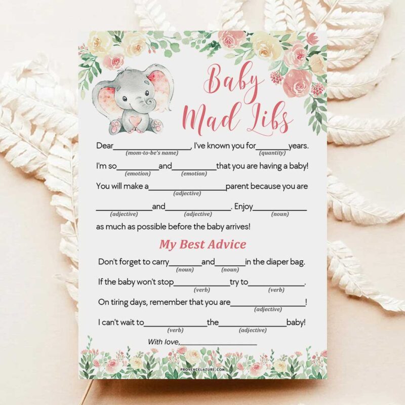 Girl Elephant Baby Shower Game Baby Mad Libs