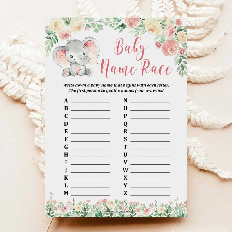 Girl Elephant Baby Shower Game Baby Name Race