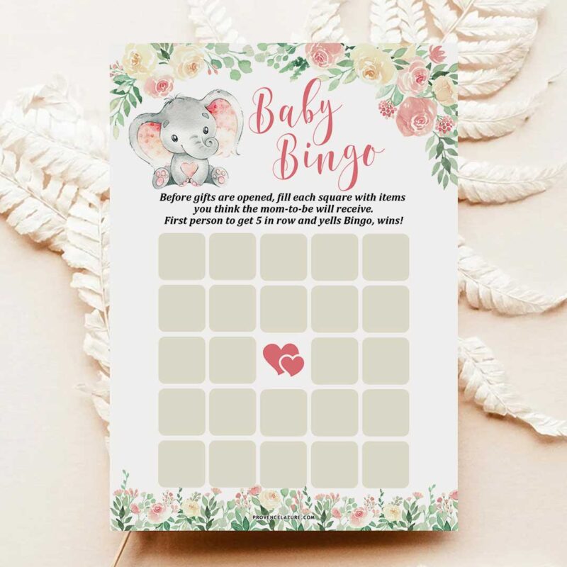 Girl Elephant Baby Shower Game Bingo