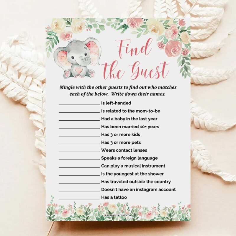 Girl Elephant Baby Shower Game Find The Guest