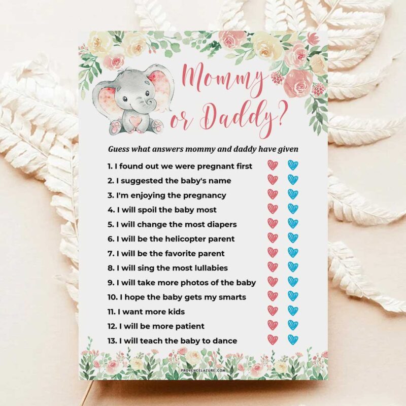 Girl Elephant Baby Shower Game Mommy or Daddy